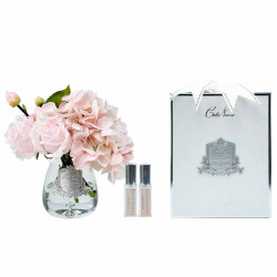 Cote Noir-Tea Rose & Hydrangea Bouquet Clear Tear Drop Glass Pink