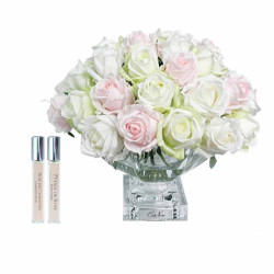 Cote Noire-Luxury Centrepiece 37 Rose Bud Bouquet Pink, Green & White Silver Badge