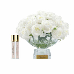 Cote Noire-Luxury Centrepiece 37 Rose Bud Bouquet White & Gold Badge