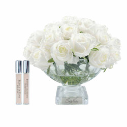 Cote Noire-Luxury Centrepiece 37 Rose Bud Bouquet White & Silver Badge